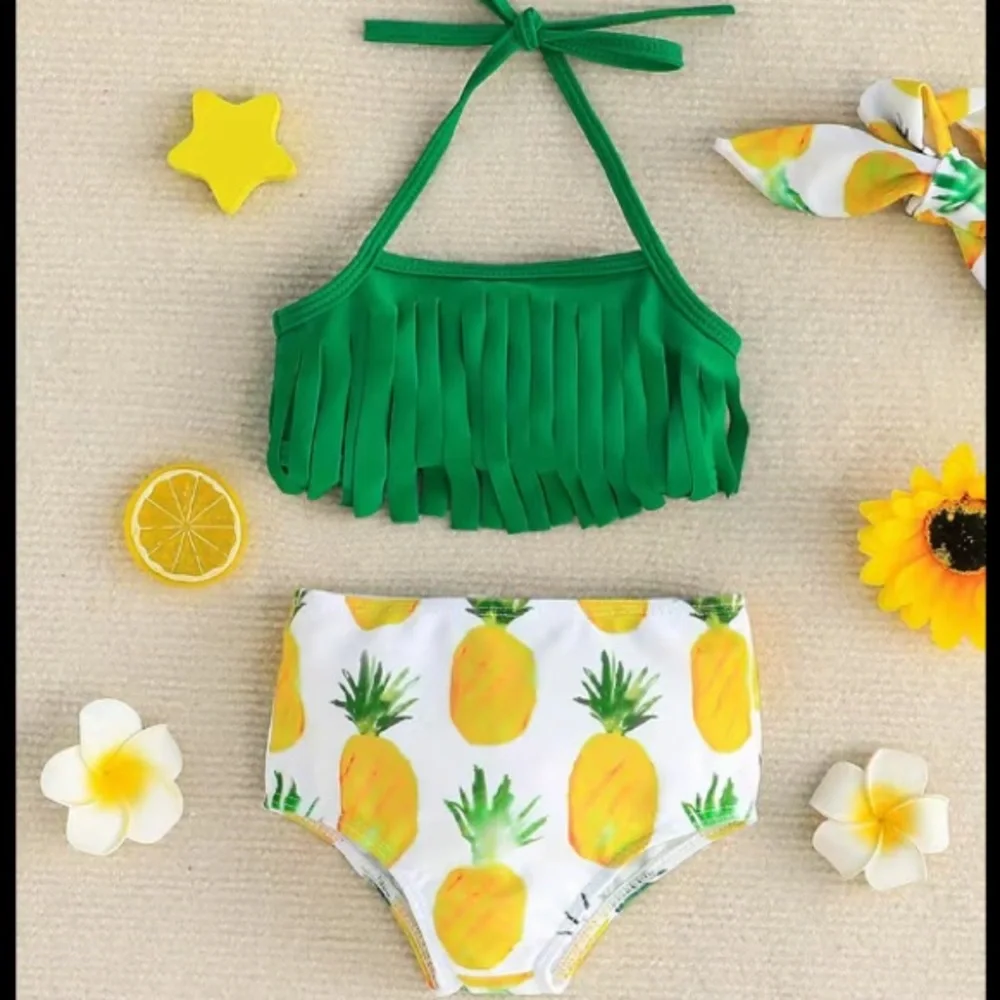 3pcs Baby Girls Pineapple Print Swimsuit Tops & Bottoms & Headband